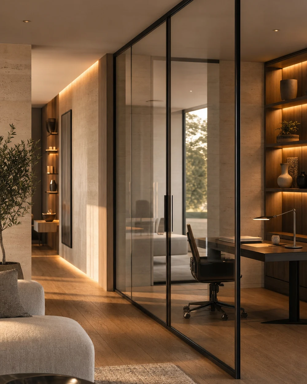 Slim glass partition dividing a real room while keeping it open